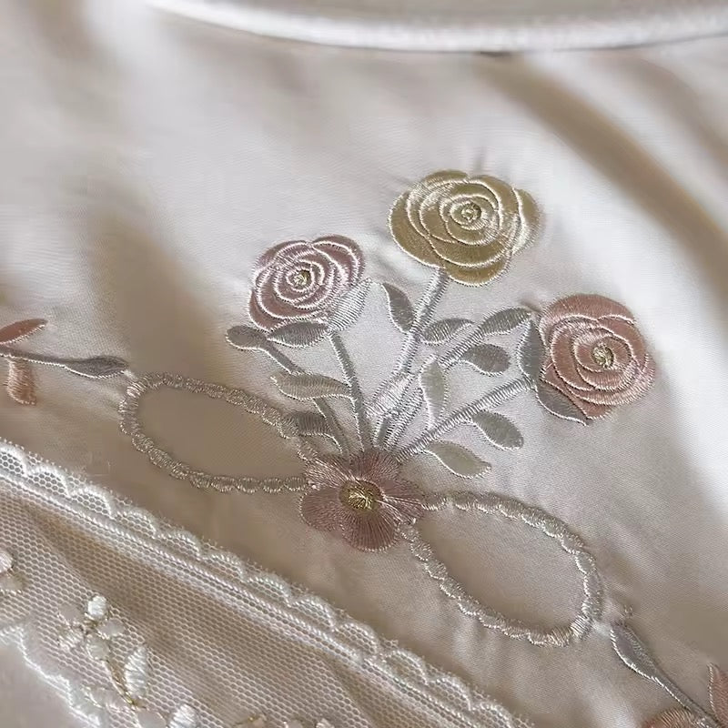 Vintage Rose Garden Embroidered Satin Bedding Set
