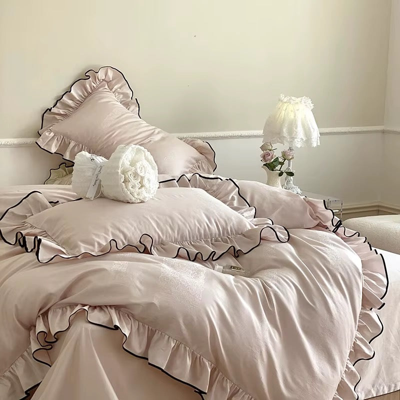 Satin Noir Ruffle Bedding Set