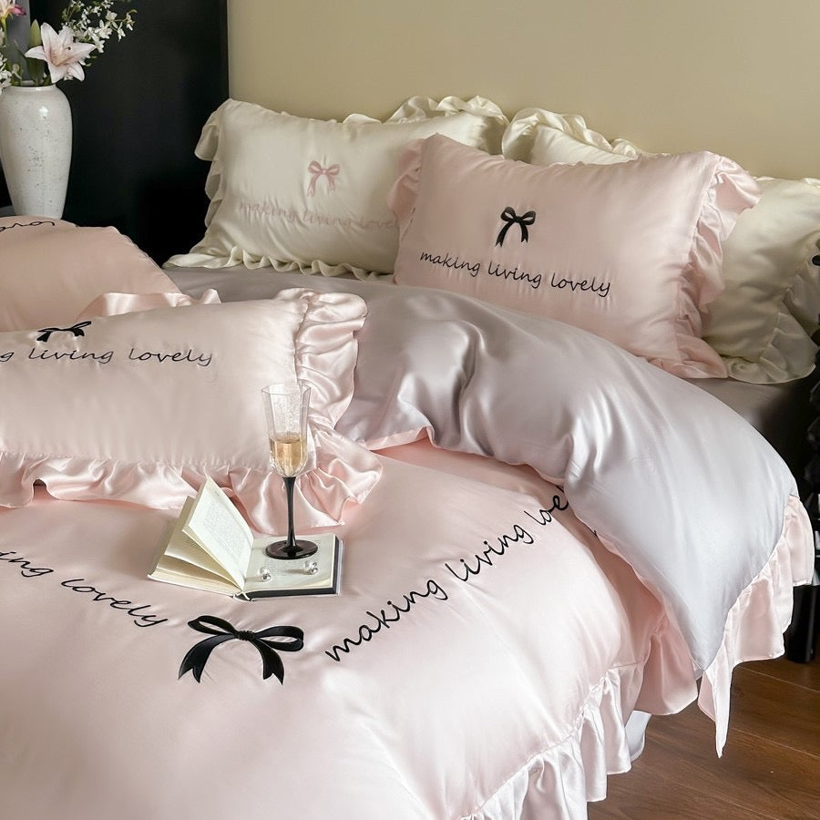 Satin Ruffle Embroidered Bedding Set