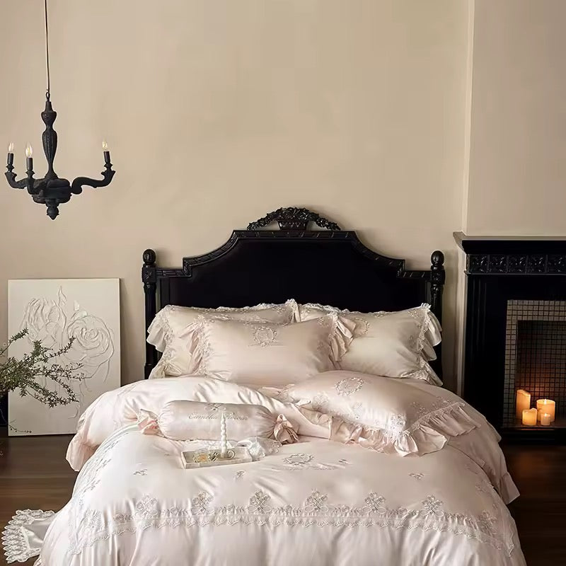 Vintage Rose Garden Embroidered Satin Bedding Set