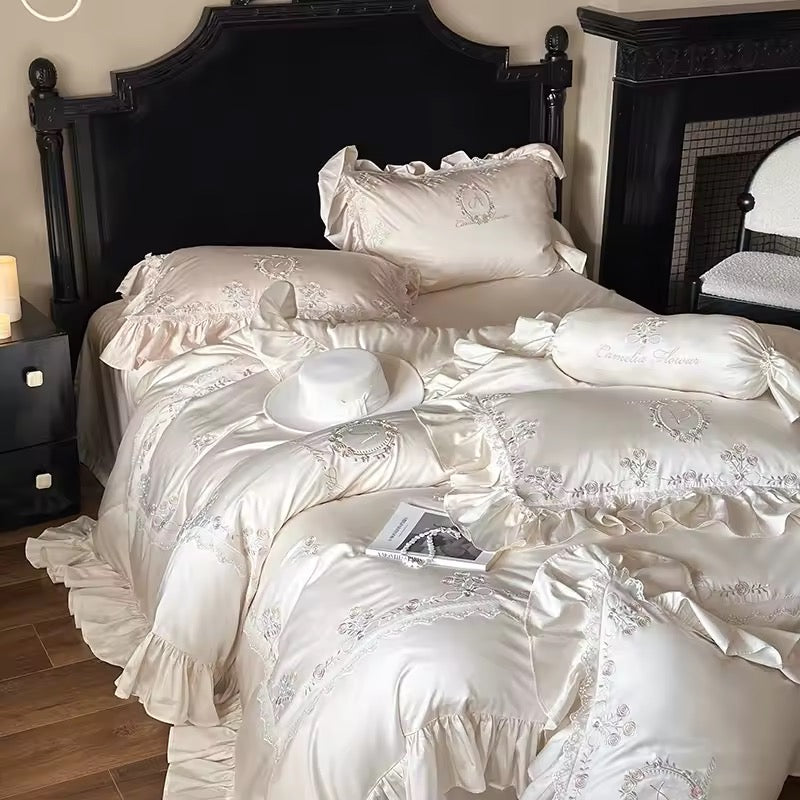 Vintage Rose Garden Embroidered Satin Bedding Set