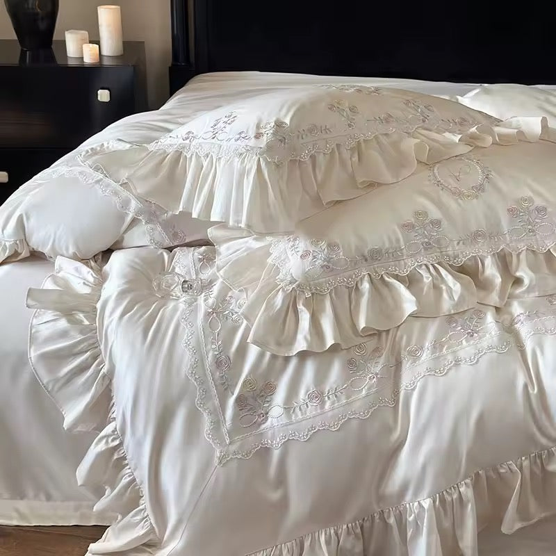 Vintage Rose Garden Embroidered Satin Bedding Set
