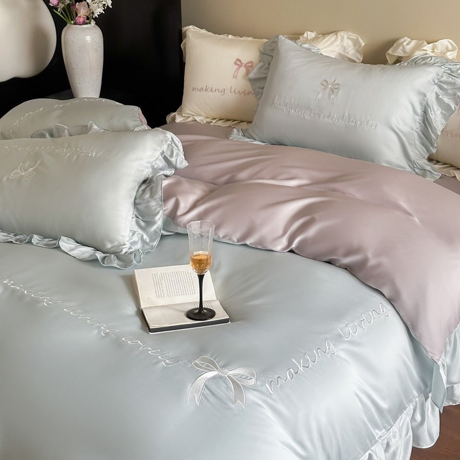 Satin Ruffle Embroidered Bedding Set