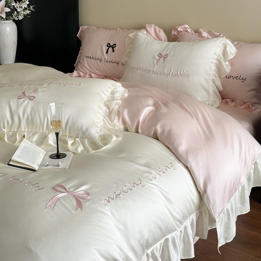 Satin Ruffle Embroidered Bedding Set