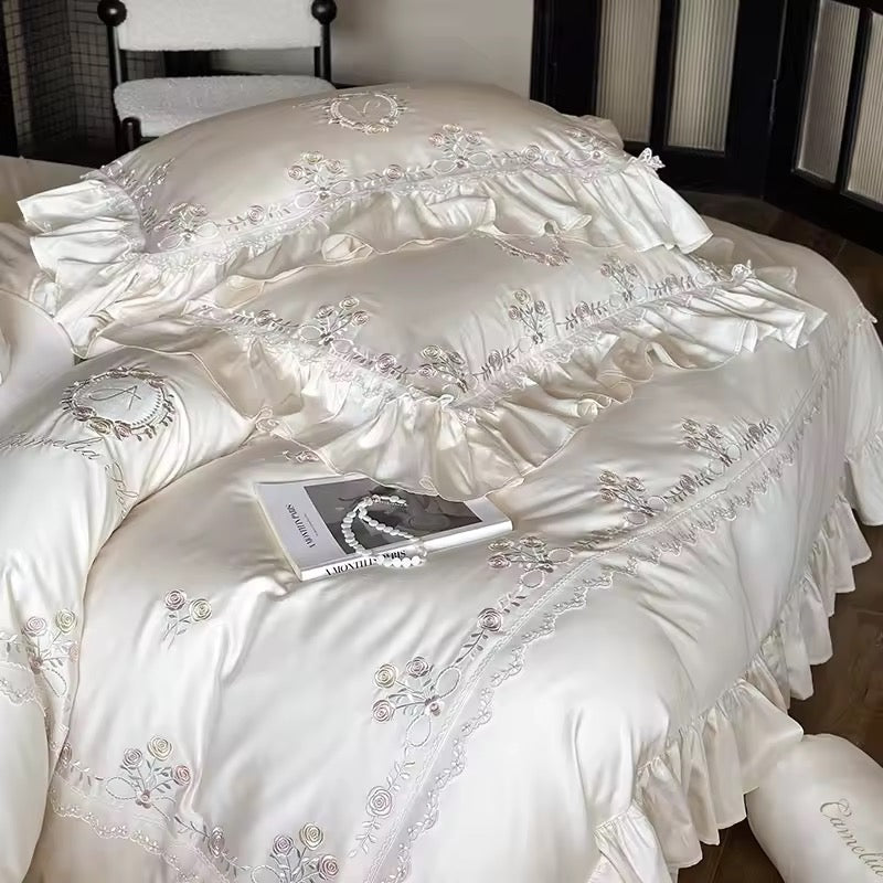 Vintage Rose Garden Embroidered Satin Bedding Set