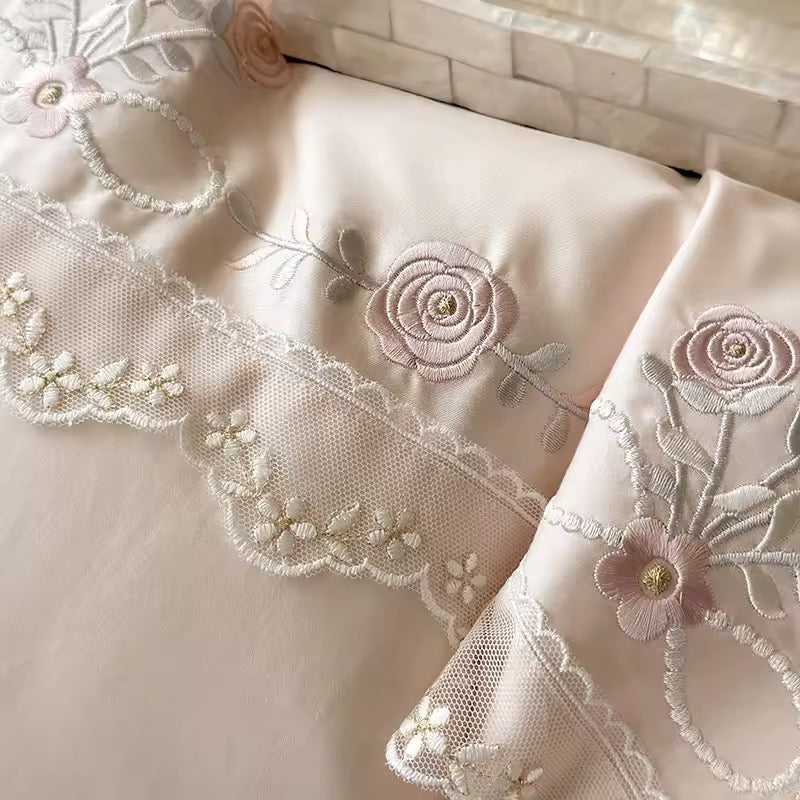Vintage Rose Garden Embroidered Satin Bedding Set