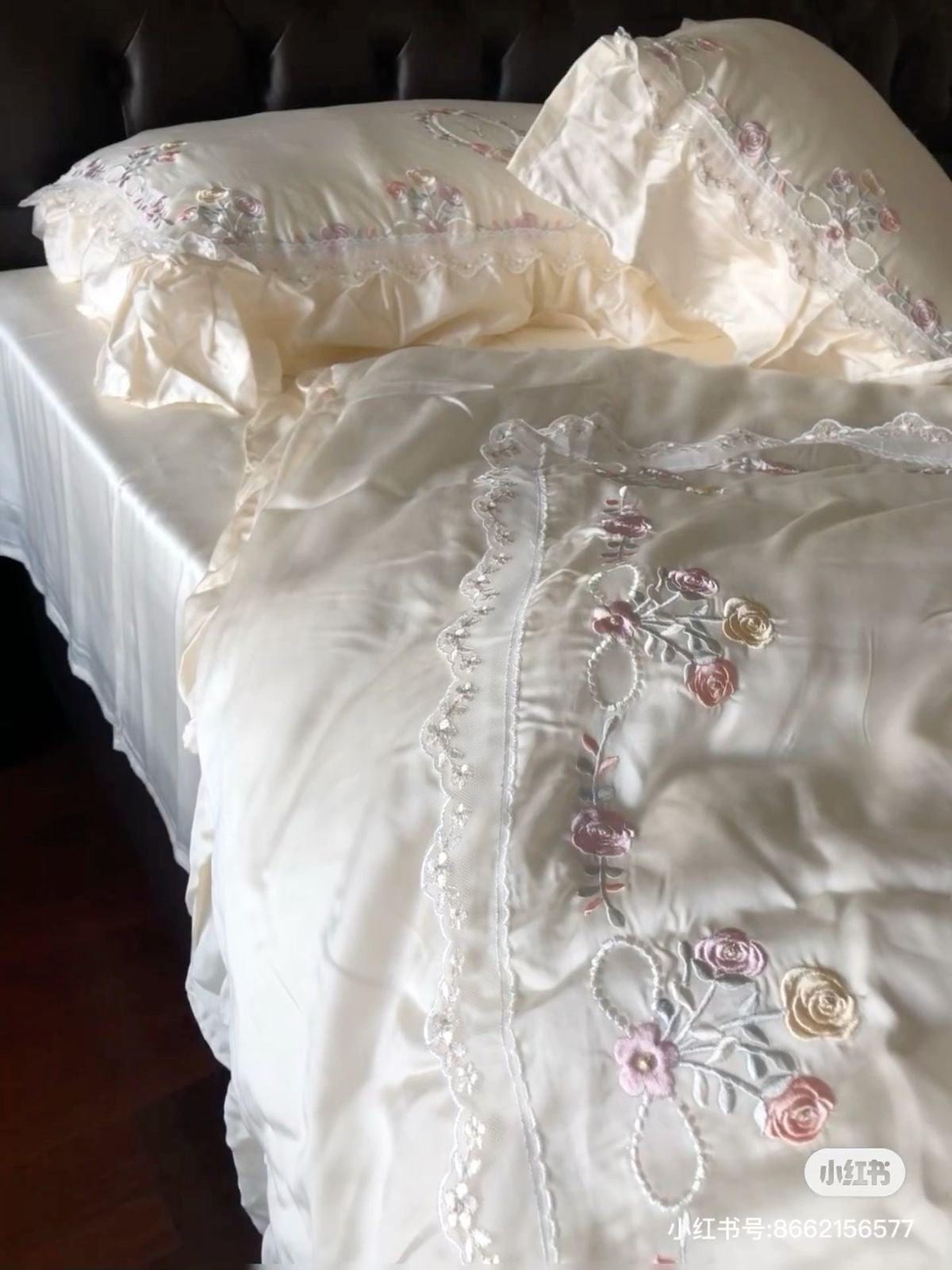 Vintage Rose Garden Embroidered Satin Bedding Set