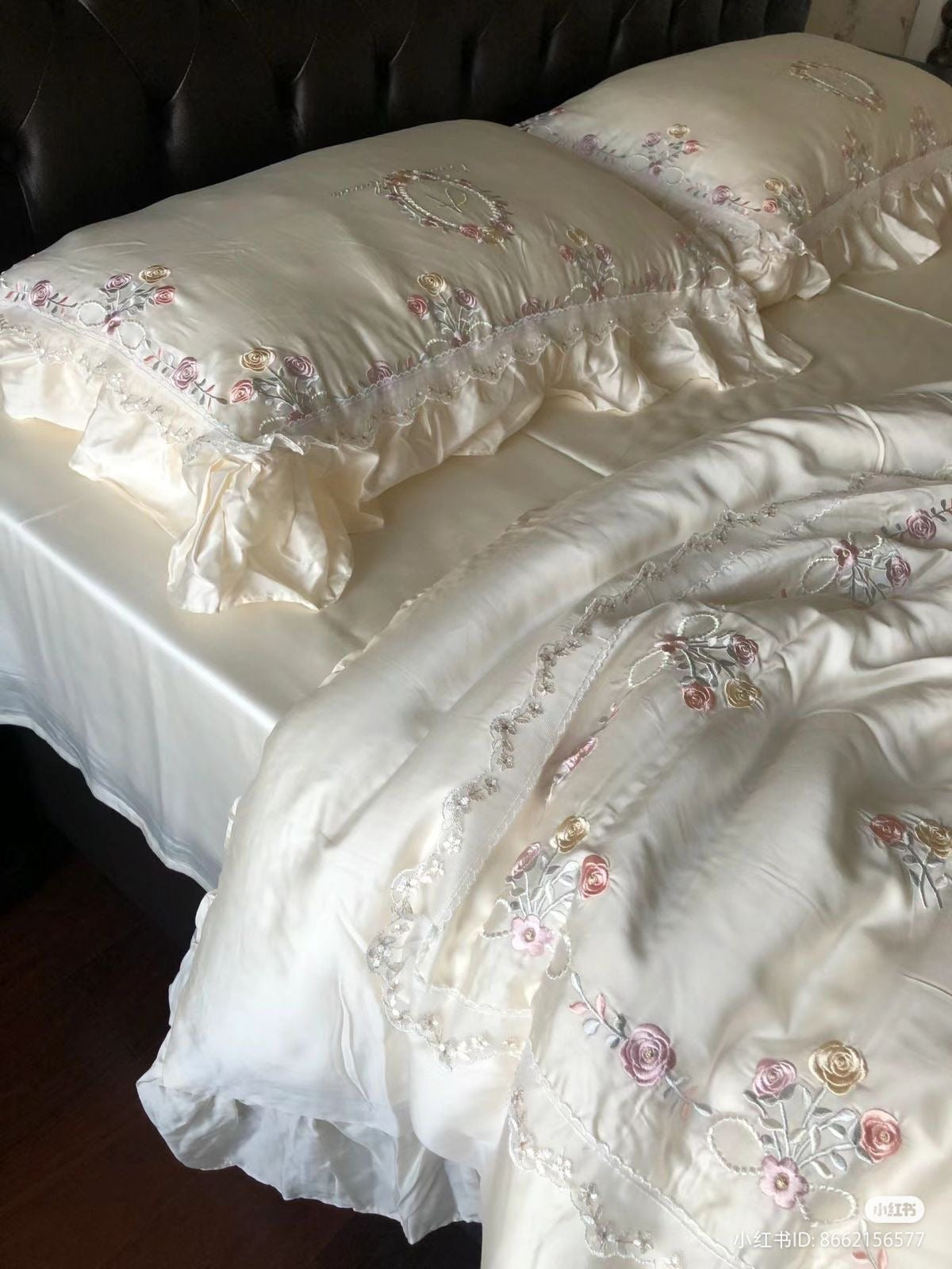 Vintage Rose Garden Embroidered Satin Bedding Set