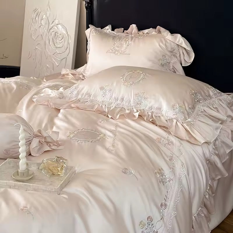 Vintage Rose Garden Embroidered Satin Bedding Set