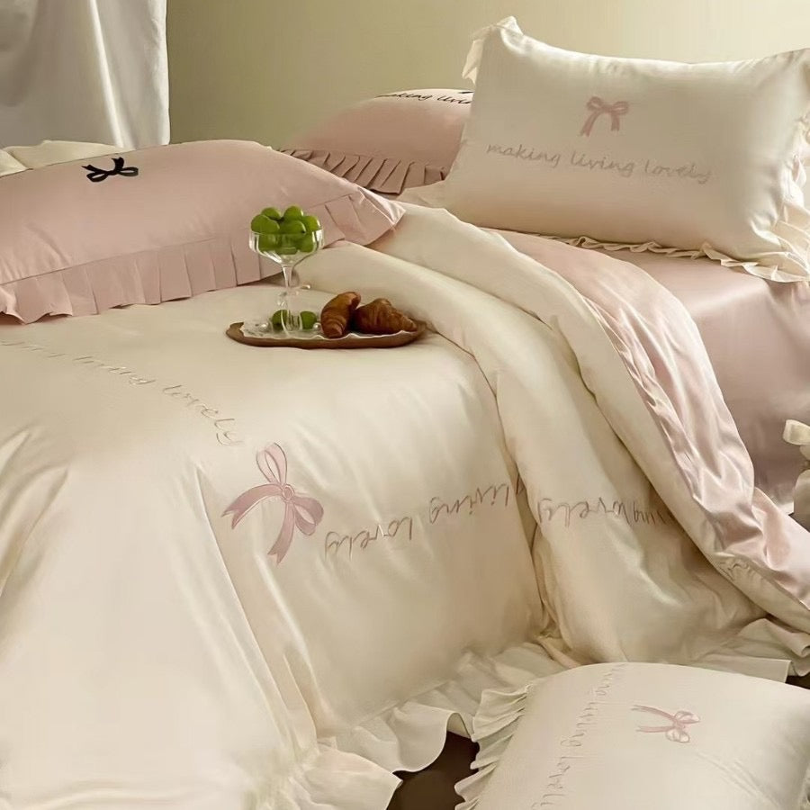 Satin Ruffle Embroidered Bedding Set