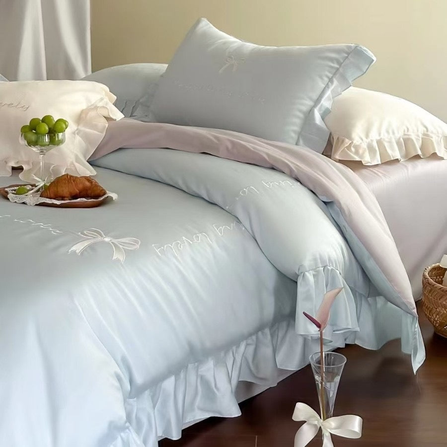 Satin Ruffle Embroidered Bedding Set
