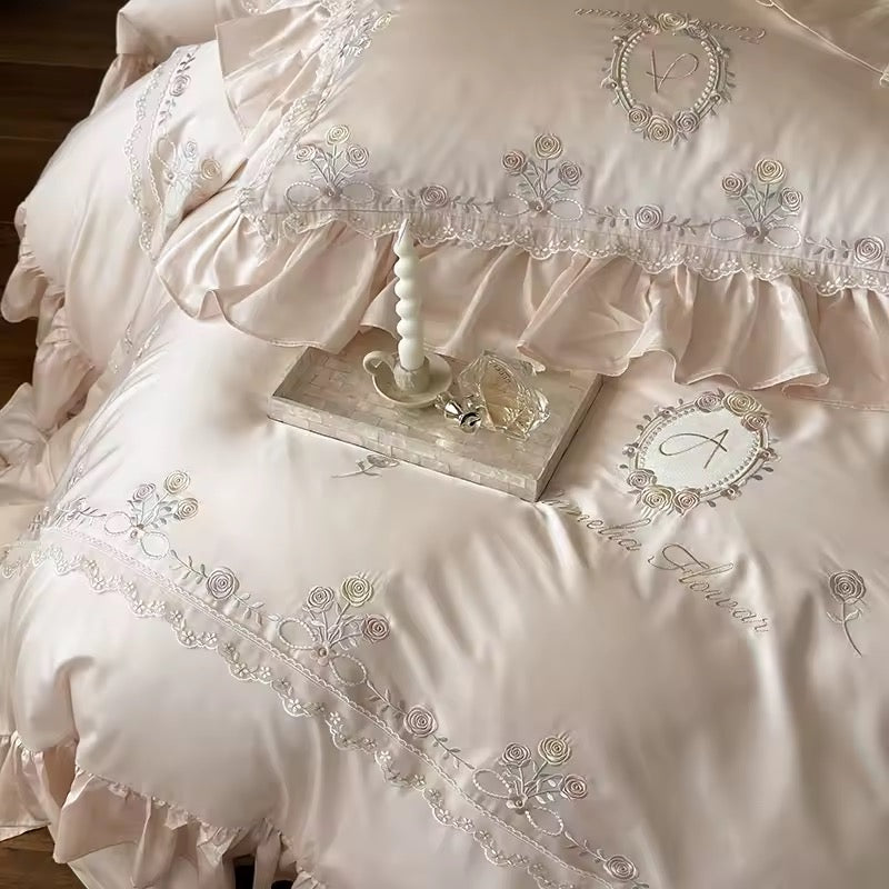 Vintage Rose Garden Embroidered Satin Bedding Set