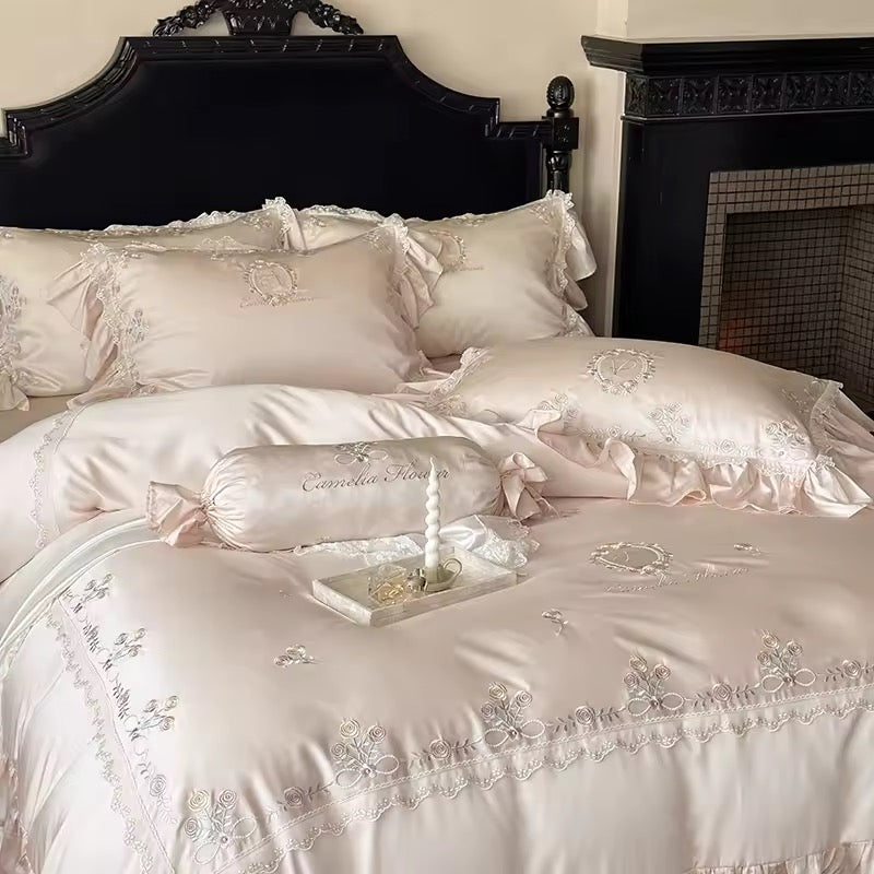 Vintage Rose Garden Embroidered Satin Bedding Set