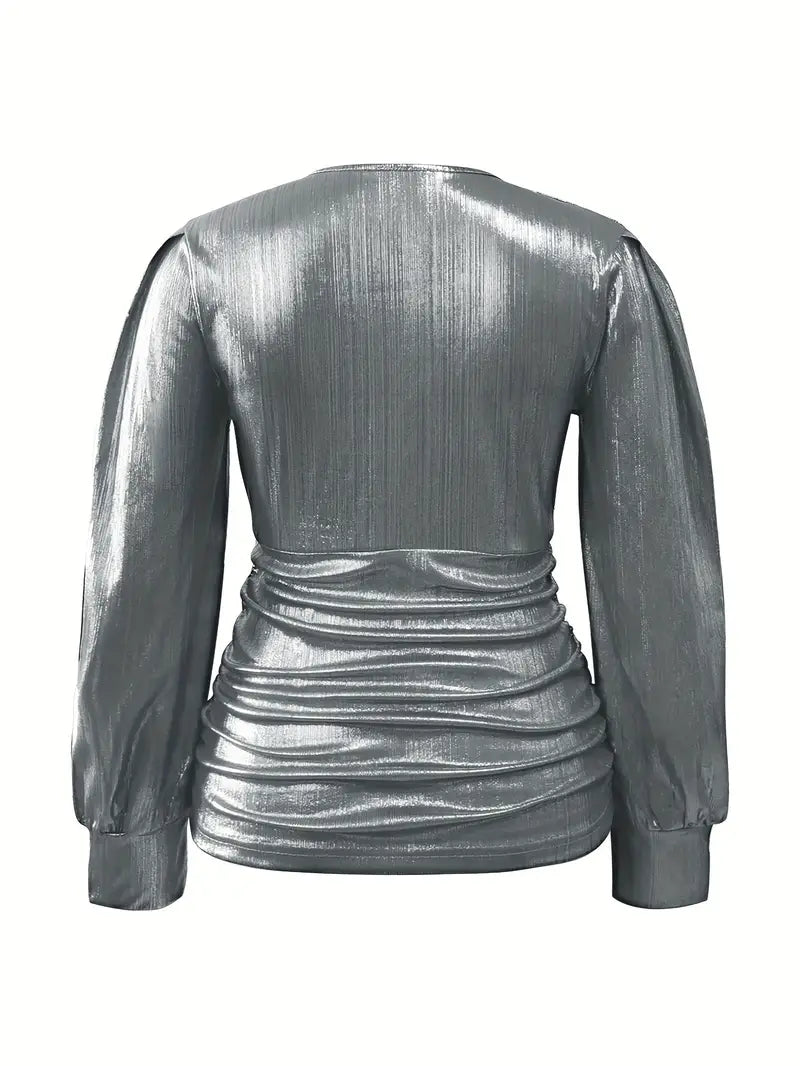 Metallic Ruched Waist Deep V-neck Blouse