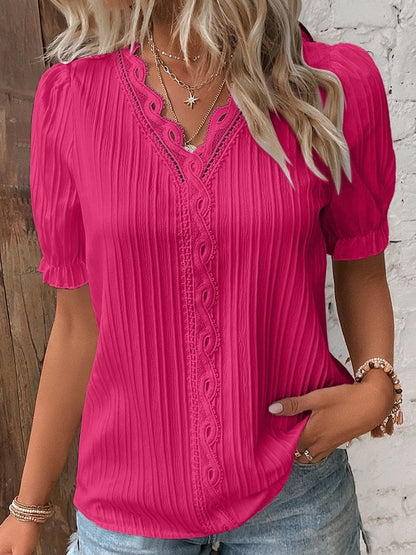 Vertical Pleated Puffed Short Sleeve Blouse