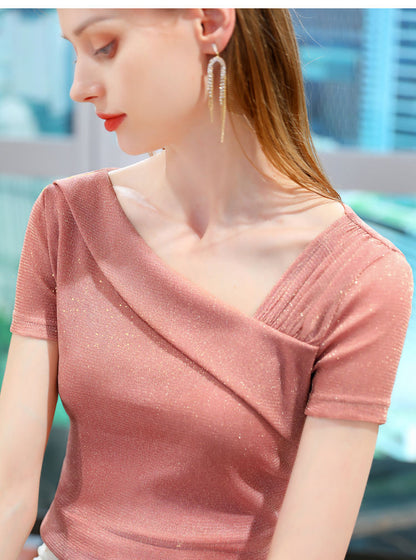 Sparkling Asymmetric Fold Neckline Blouse