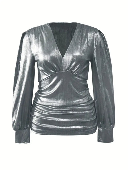 Metallic Ruched Waist Deep V-neck Blouse