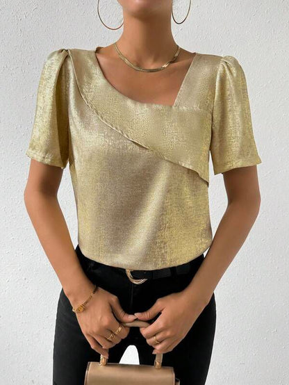 Golden Asymmetric Fold Neckline Blouse