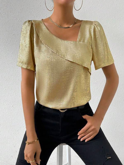 Golden Asymmetric Fold Neckline Blouse