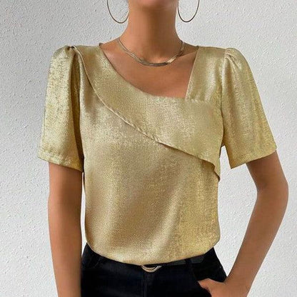 Golden Asymmetric Fold Neckline Blouse