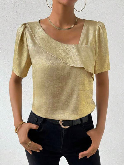 Golden Asymmetric Fold Neckline Blouse