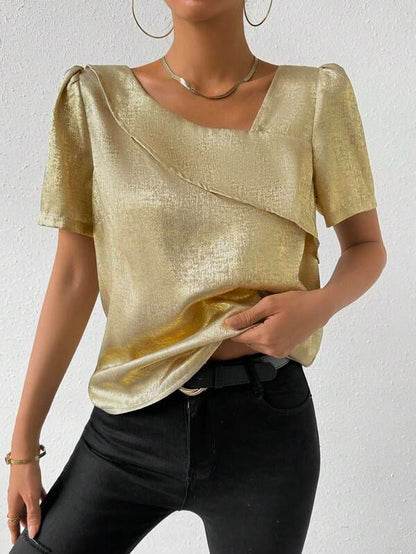 Golden Asymmetric Fold Neckline Blouse