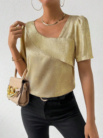 Golden Asymmetric Fold Neckline Blouse