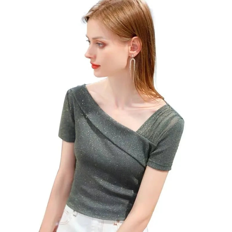 Sparkling Asymmetric Fold Neckline Blouse