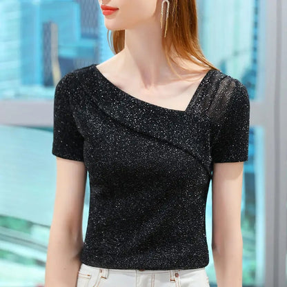 Sparkling Asymmetric Fold Neckline Blouse