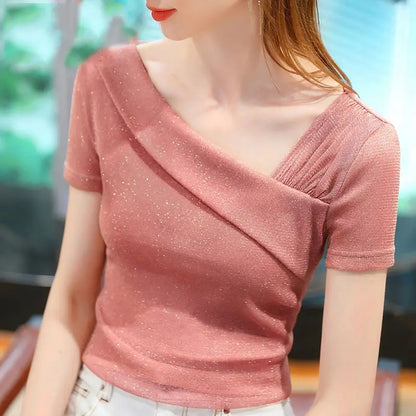 Sparkling Asymmetric Fold Neckline Blouse