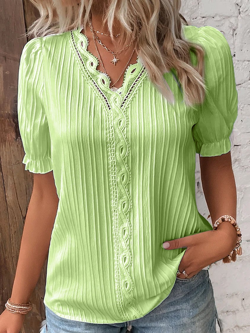 Vertical Pleated Puffed Short Sleeve Blouse