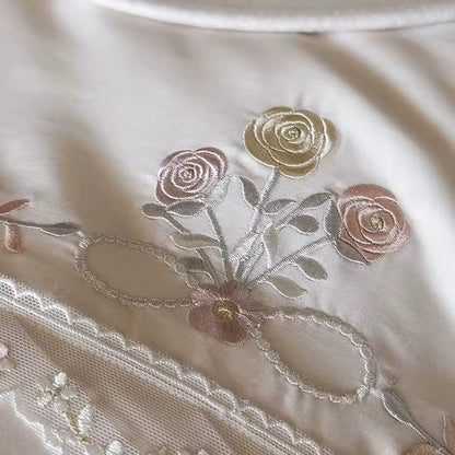 Vintage Rose Garden Embroidered Satin Bedding Set