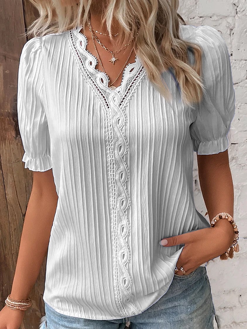 Vertical Pleated Puffed Short Sleeve Blouse