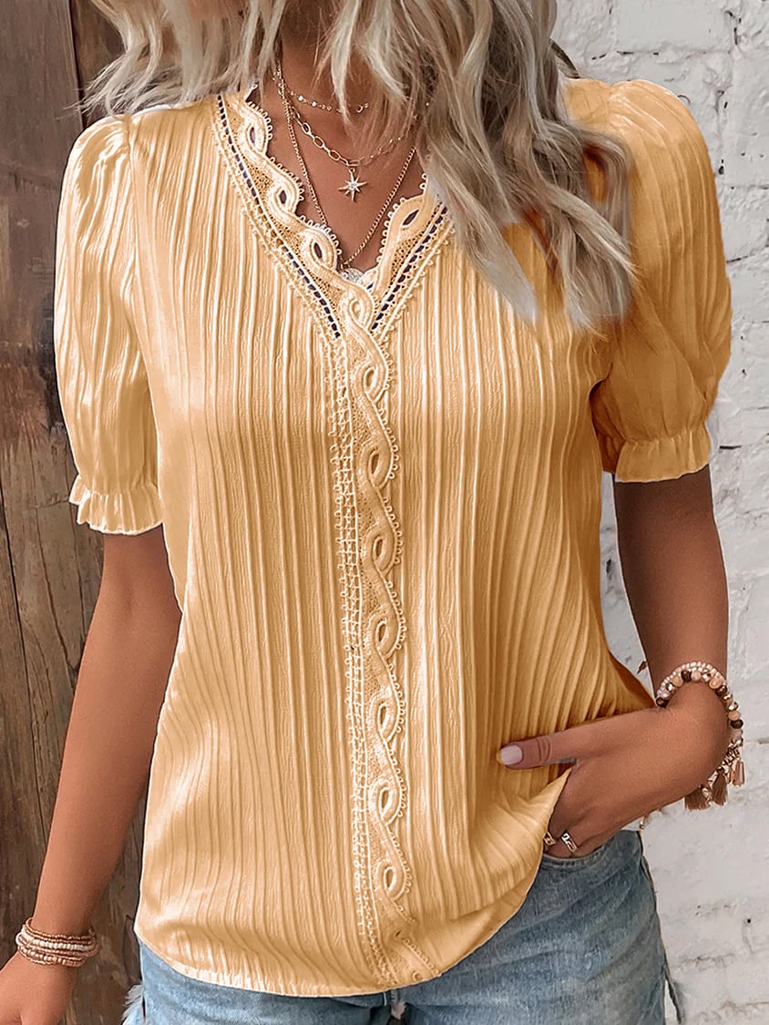 Vertical Pleated Puffed Short Sleeve Blouse