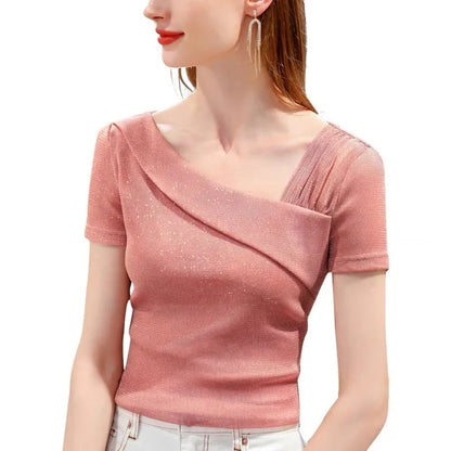 Sparkling Asymmetric Fold Neckline Blouse