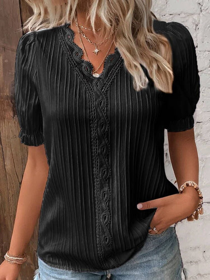 Vertical Pleated Puffed Short Sleeve Blouse