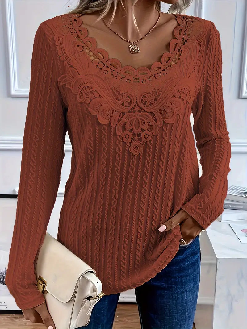 Chantilly Lace Neckline Cable Knit Blouse