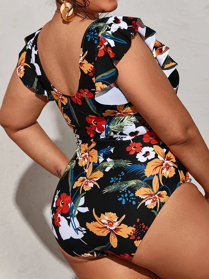 Black Floral Ruffle Tummy Control Plus Size Swimsuit