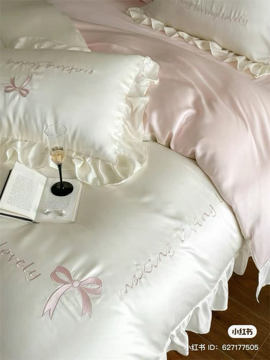 Satin Ruffle Embroidered Bedding Set