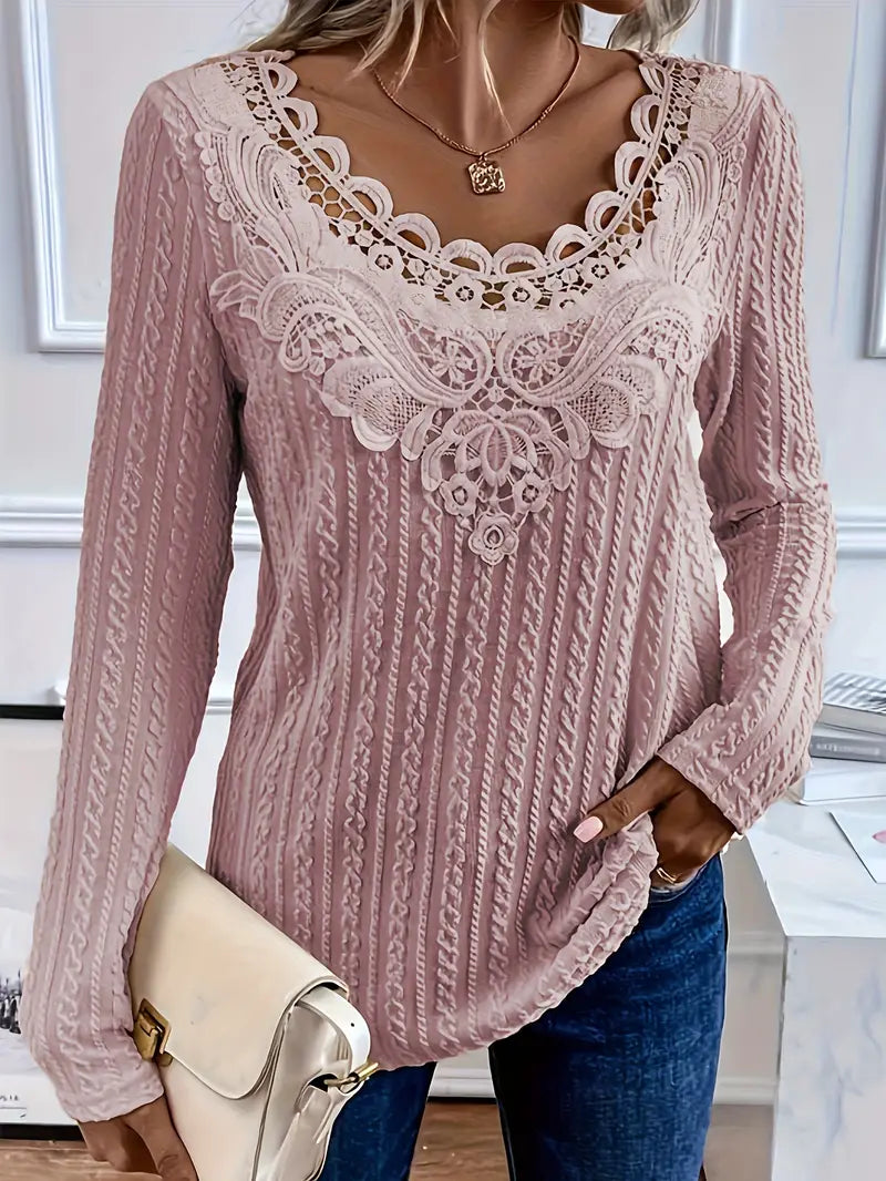 Chantilly Lace Neckline Cable Knit Blouse