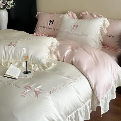 Satin Ruffle Embroidered Bedding Set