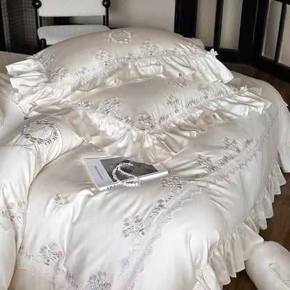 Vintage Rose Garden Embroidered Satin Bedding Set