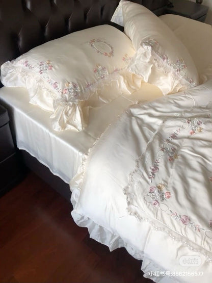 Vintage Rose Garden Embroidered Satin Bedding Set