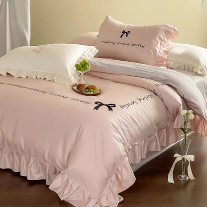 Satin Ruffle Embroidered Bedding Set