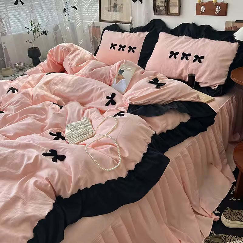 Velvet Bow Ruffle Bedding Set