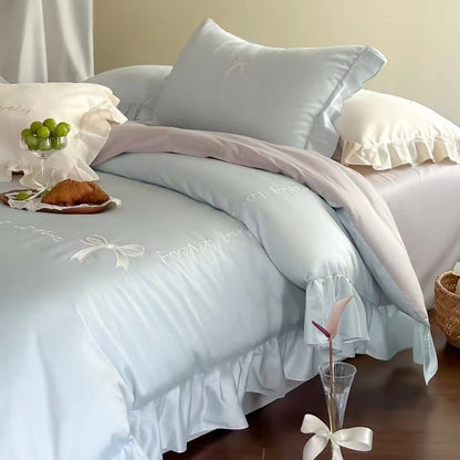Satin Ruffle Embroidered Bedding Set