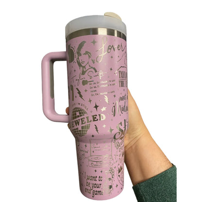 40oz Engraved Tumbler with Handle Celebrating Taylor Swift's Iconic Albums