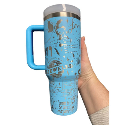 40oz Engraved Tumbler with Handle Celebrating Taylor Swift's Iconic Albums