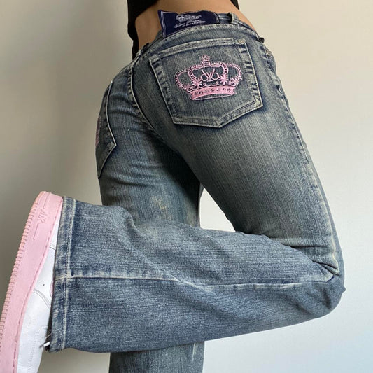Crown Embroidery Pockets Jeans