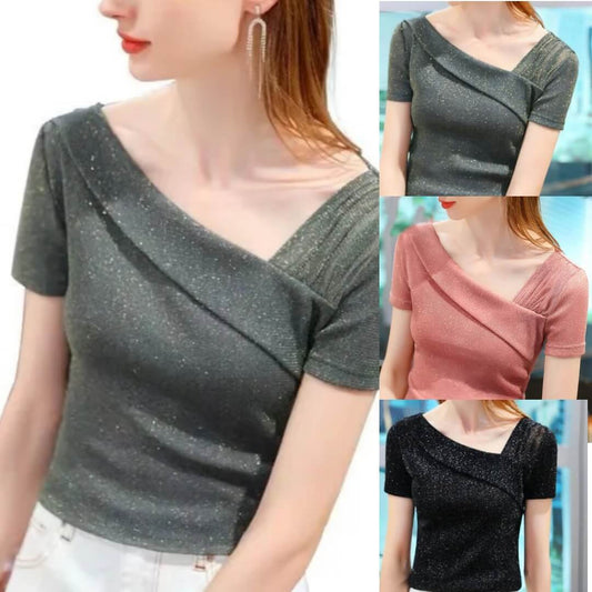 Sparkling Asymmetric Fold Neckline Blouse